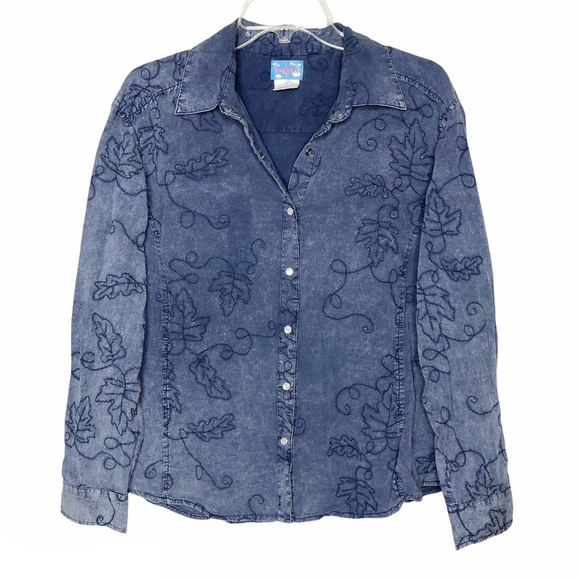 Cre8ions Vintage Denim Chambray Embroider Button Down Top Large Fall Autumn - Picture 2 of 11